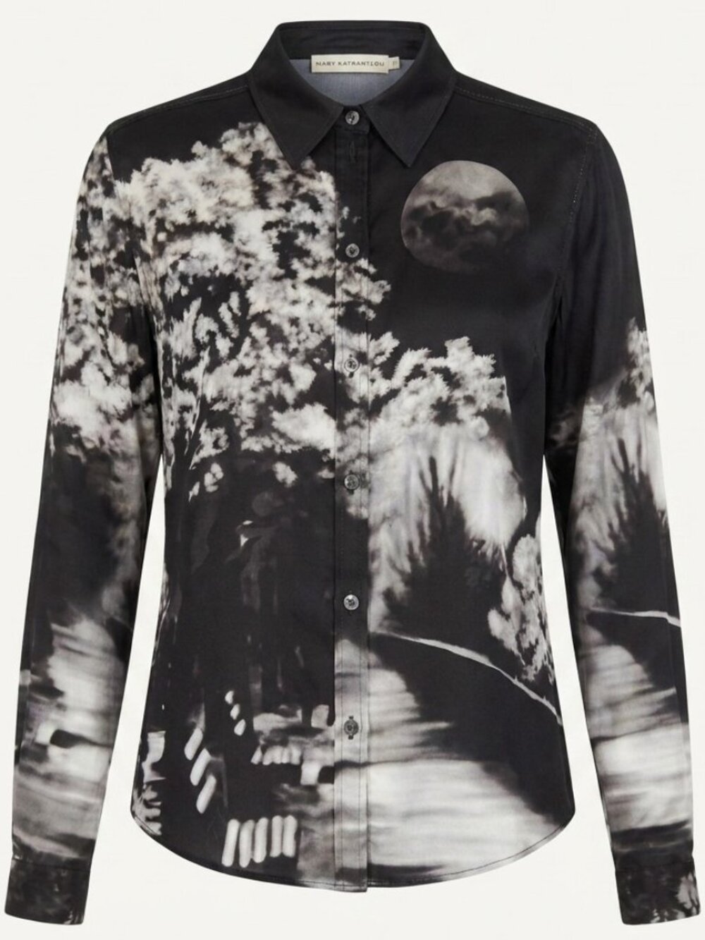 Mary Katrantzou Ligi Landscape Print Silk Blouse Size 8 Black White